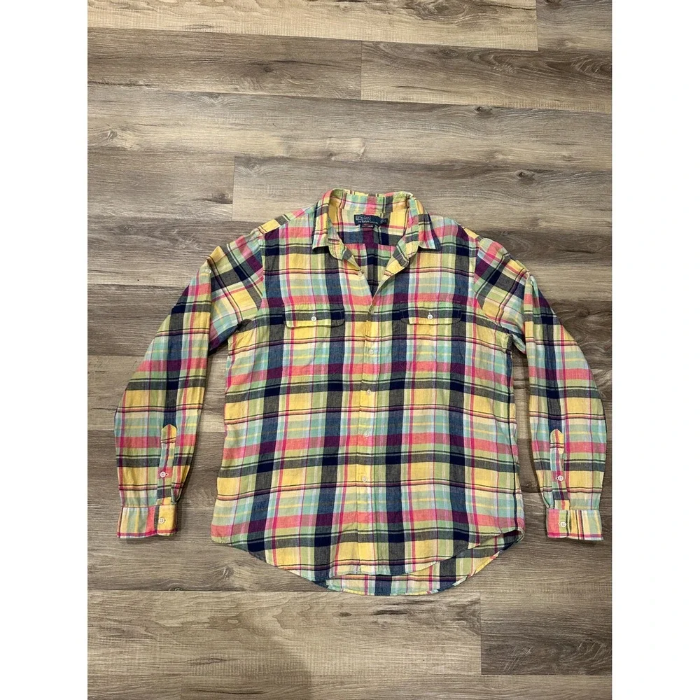 Polo Ralph Lauren Men's XL Plaid Linen Custom Fit Button Down Shirt Multicolored
